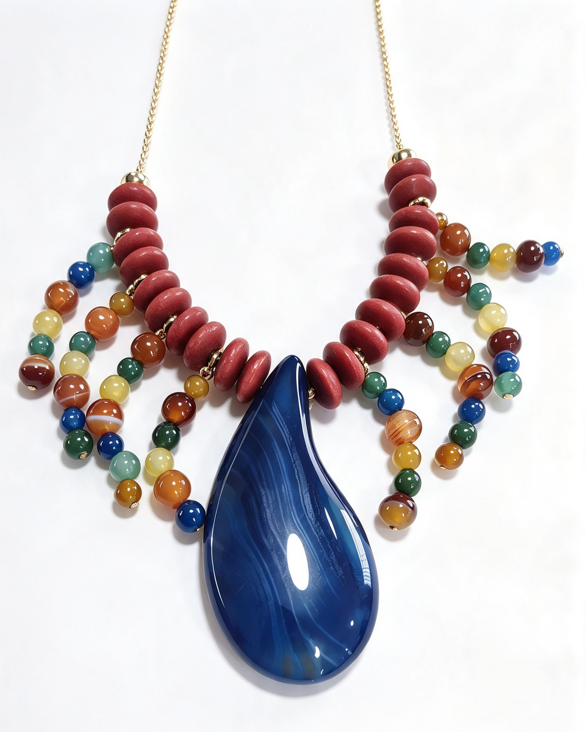 Colar Taila gota de ágata azul, madeira vermelha, mix de esferas coloridas e metais banhados em ouro 3