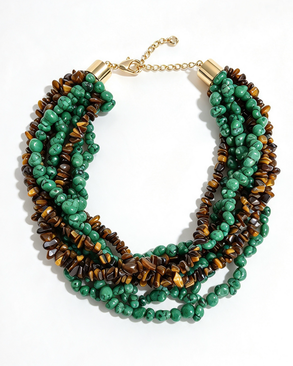 Colar acervo Paula Max cascalhos Olho de Tigre, Coral Verde, e metais banhados em ouro 2