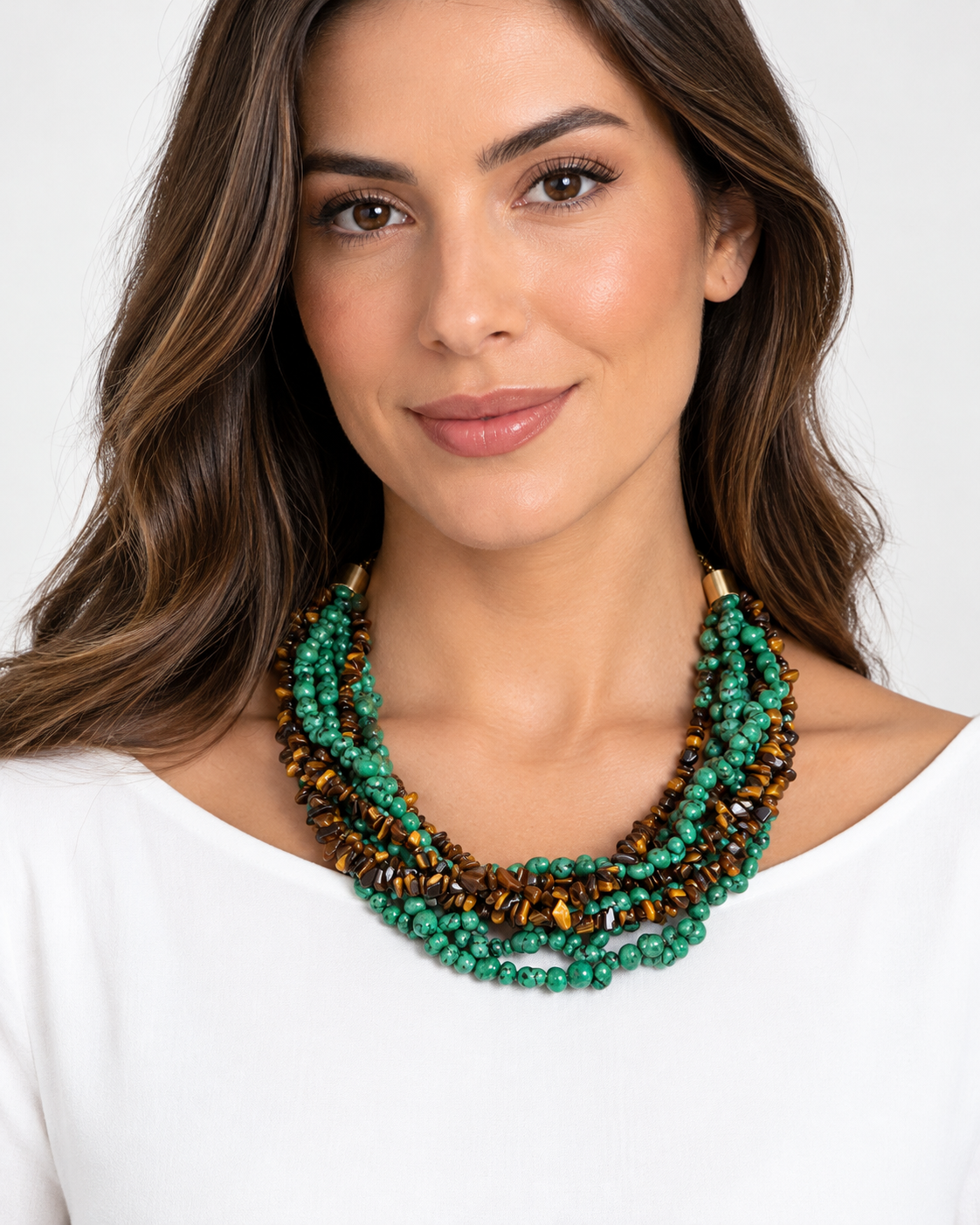 Colar acervo Paula Max cascalhos Olho de Tigre, Coral Verde, e metais banhados em ouro 1
