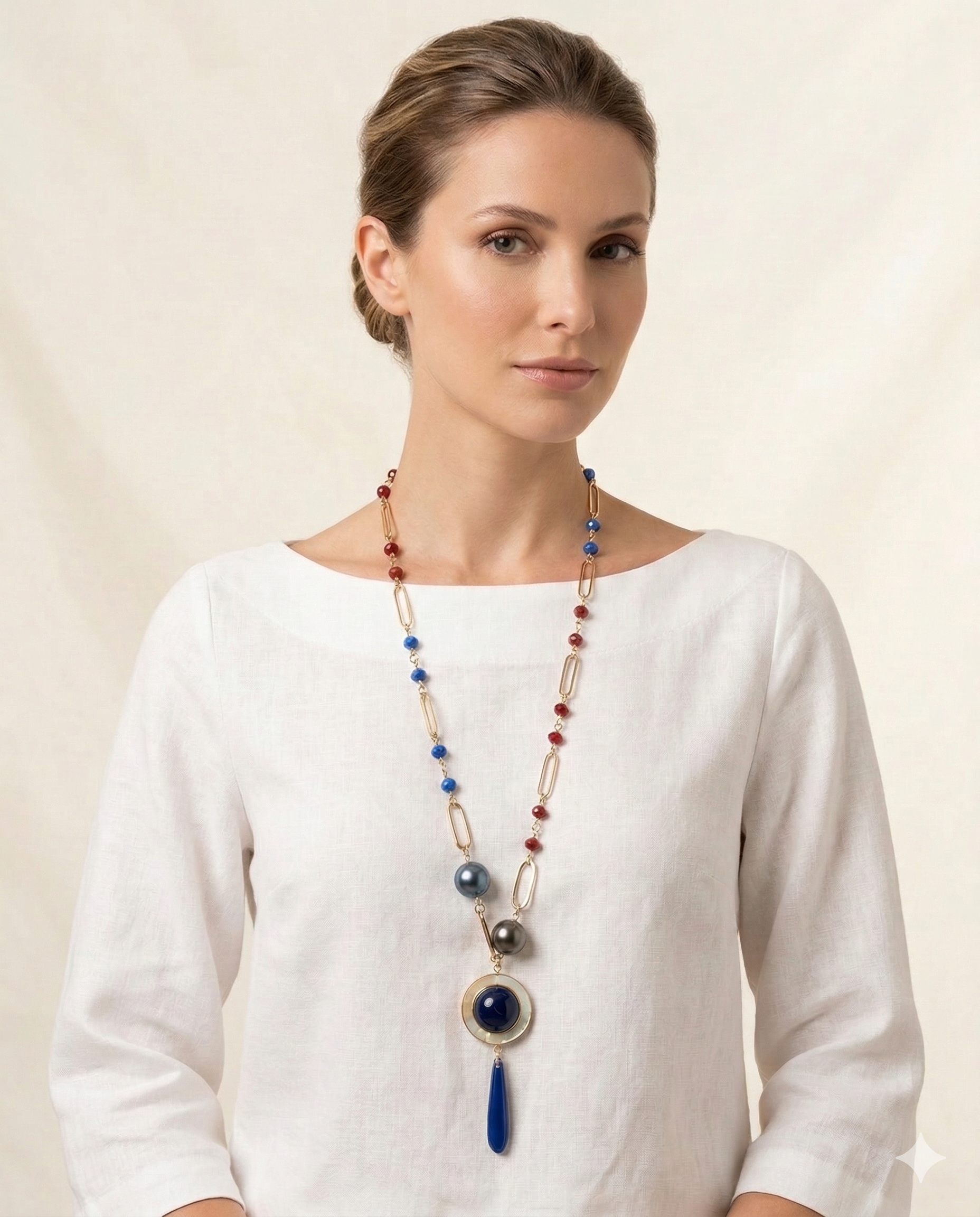 Colar Azura longo Ágata azul, madrepérolas, cristais, muranos e metais banhados em ouro