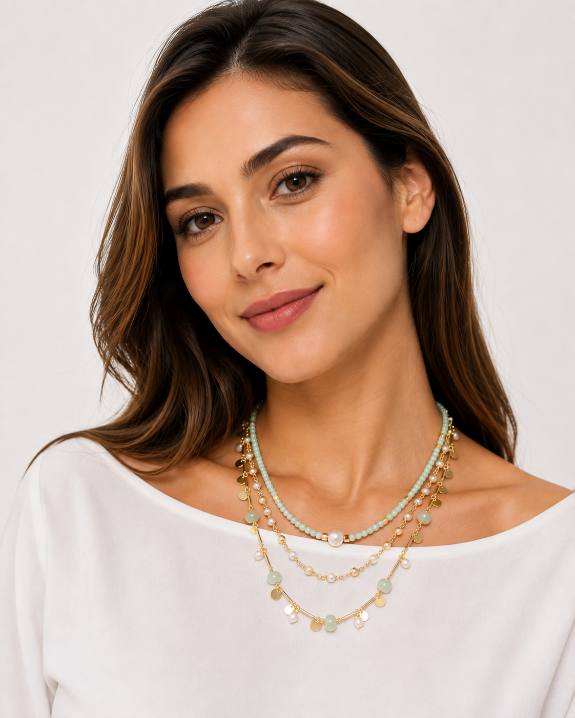 Colar Everly camadas, mix de cristais, pérolas e metais banhados em ouro 1