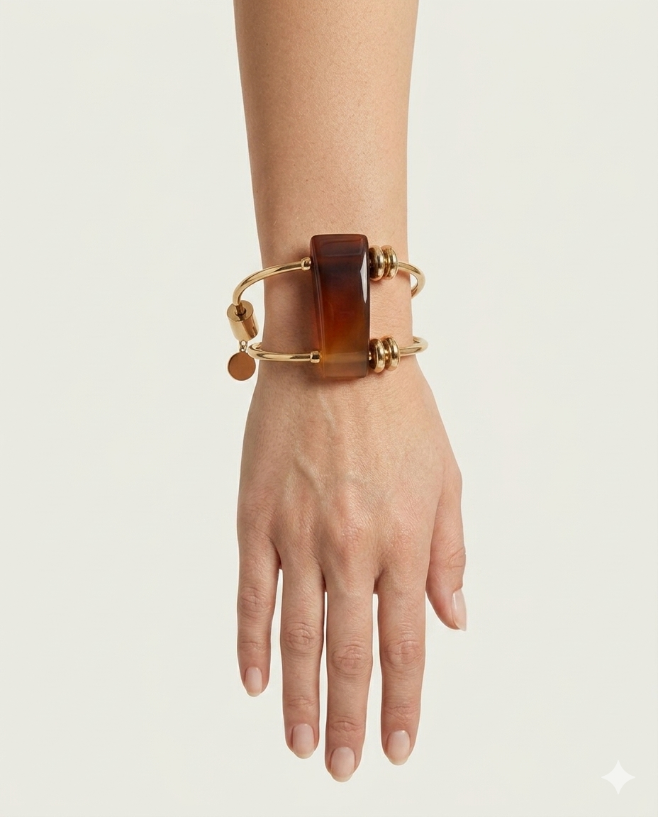 Bracelete Elina pedra Ágata caramelo, hematitas e metais banhados em ouro 1