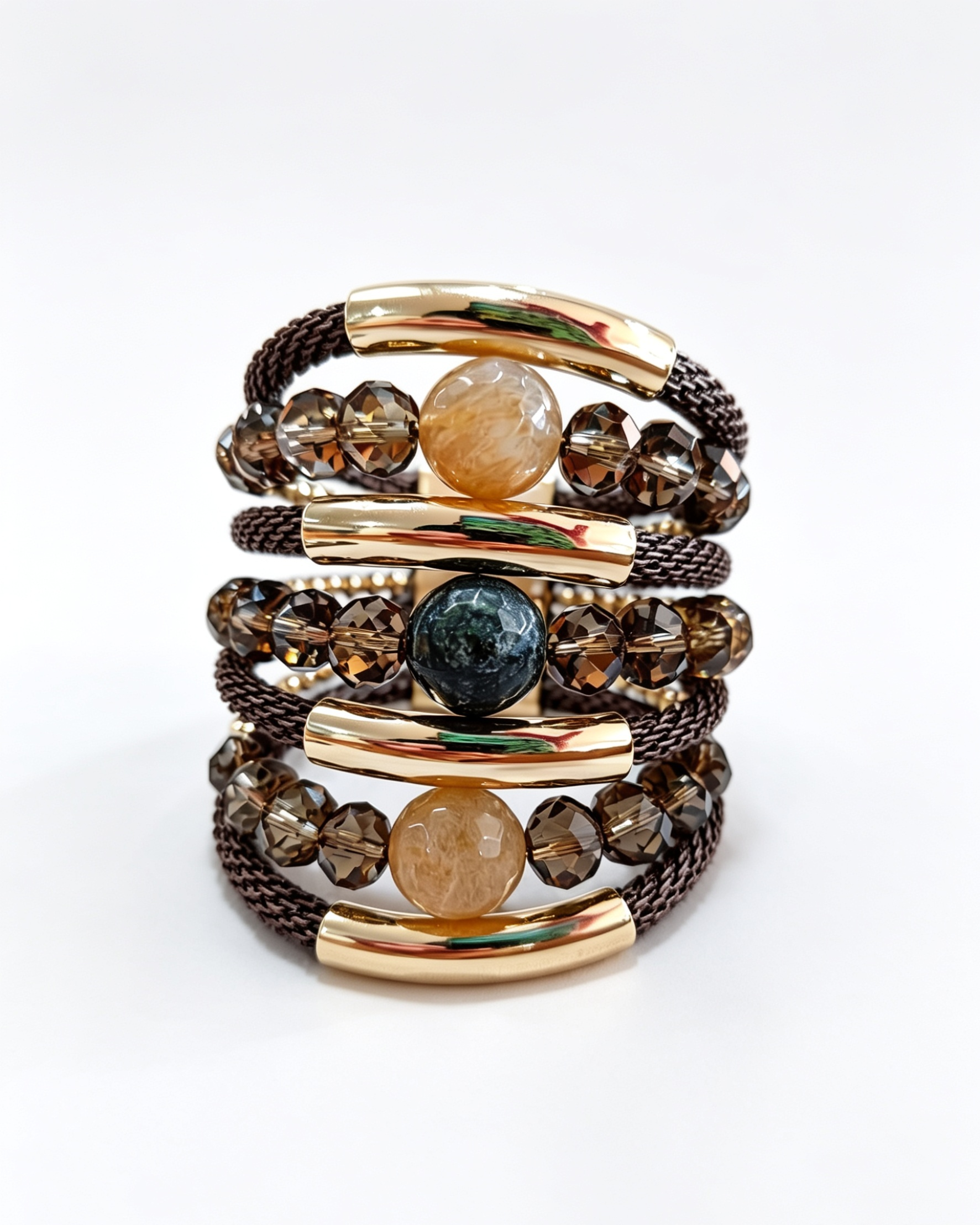 Bracelete Micaela pedra jaspe verde, quartzo rutilo, cristais, malha em alumínio e metais banhados a ouro 2