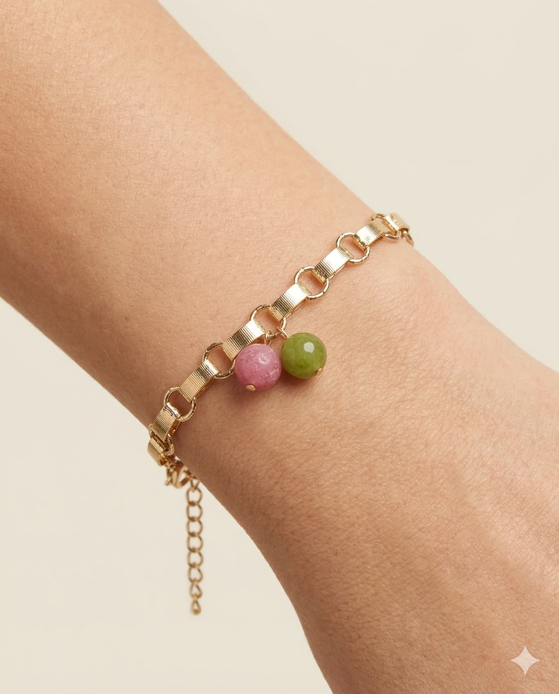 Pulseira Lyla esferas de Jade limão, Jade Pink e metais banhados em ouro 1