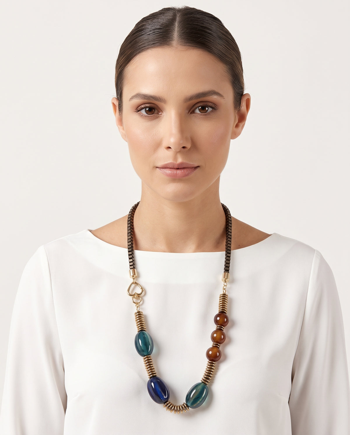Colar Hazel mix de Cerâmicas, Ágata, esferas de Hematitas e metais banhados em ouro e ouro velho 1