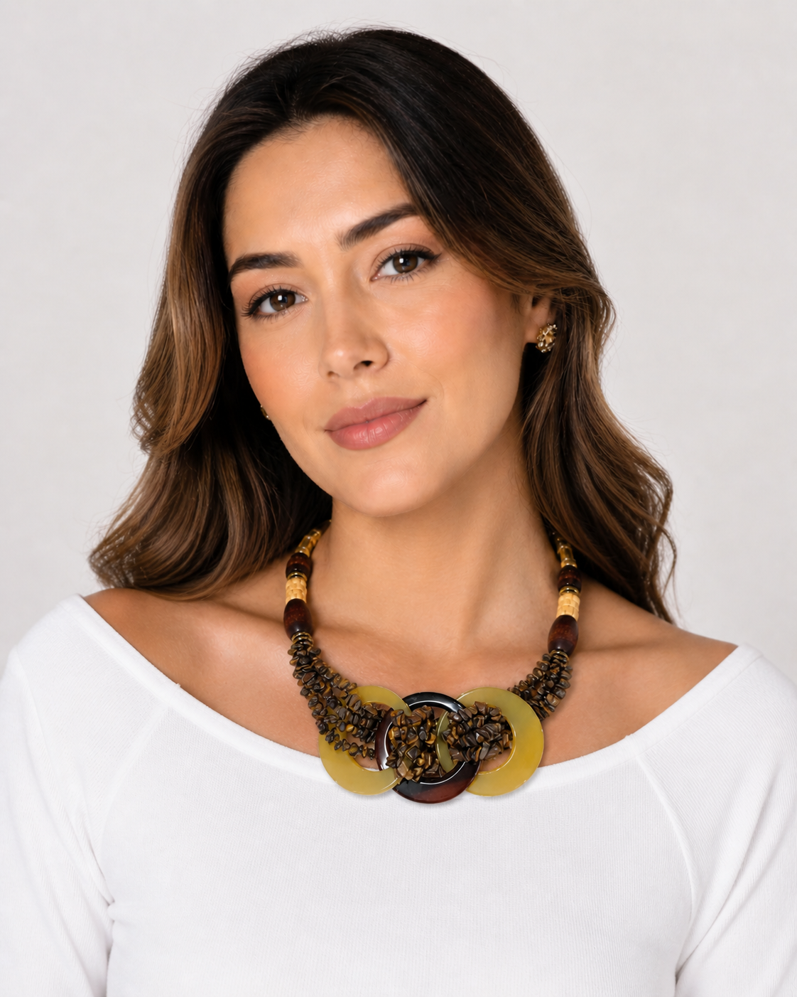Colar Jessie argolas de Ágata, olho de tigre em cascalho, madeiras e metais banhados em ouro 1