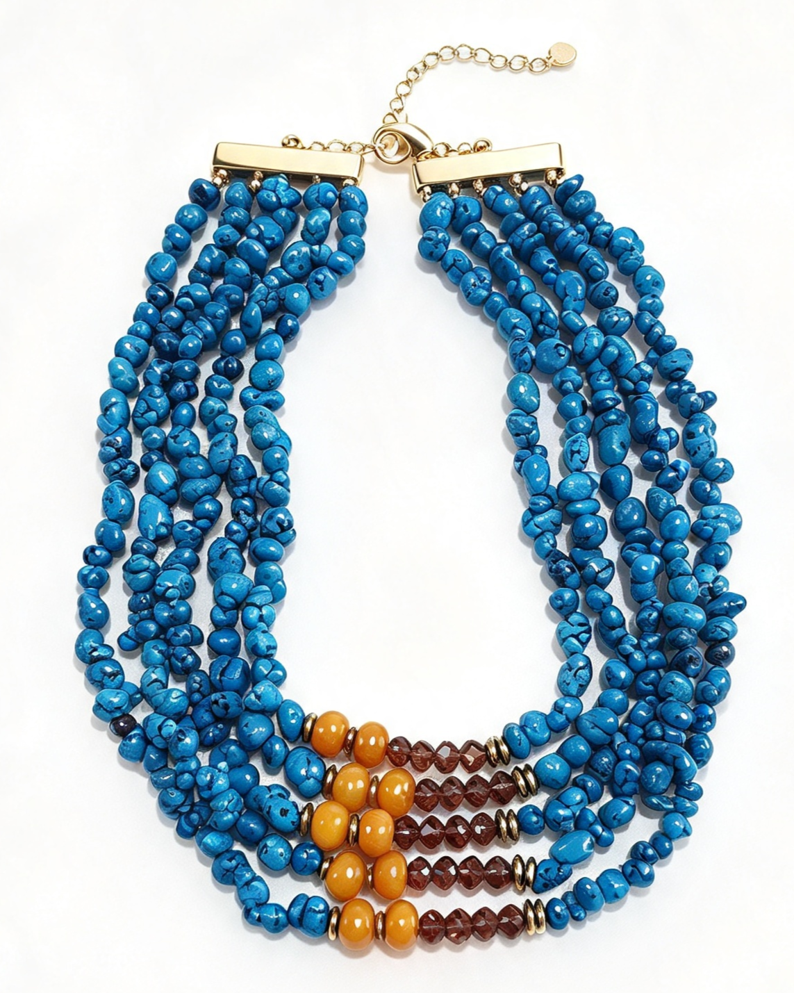 Colar acervo Paula MAX coral azul, cristais, Jade Mostarda e metais banhados em ouro 2