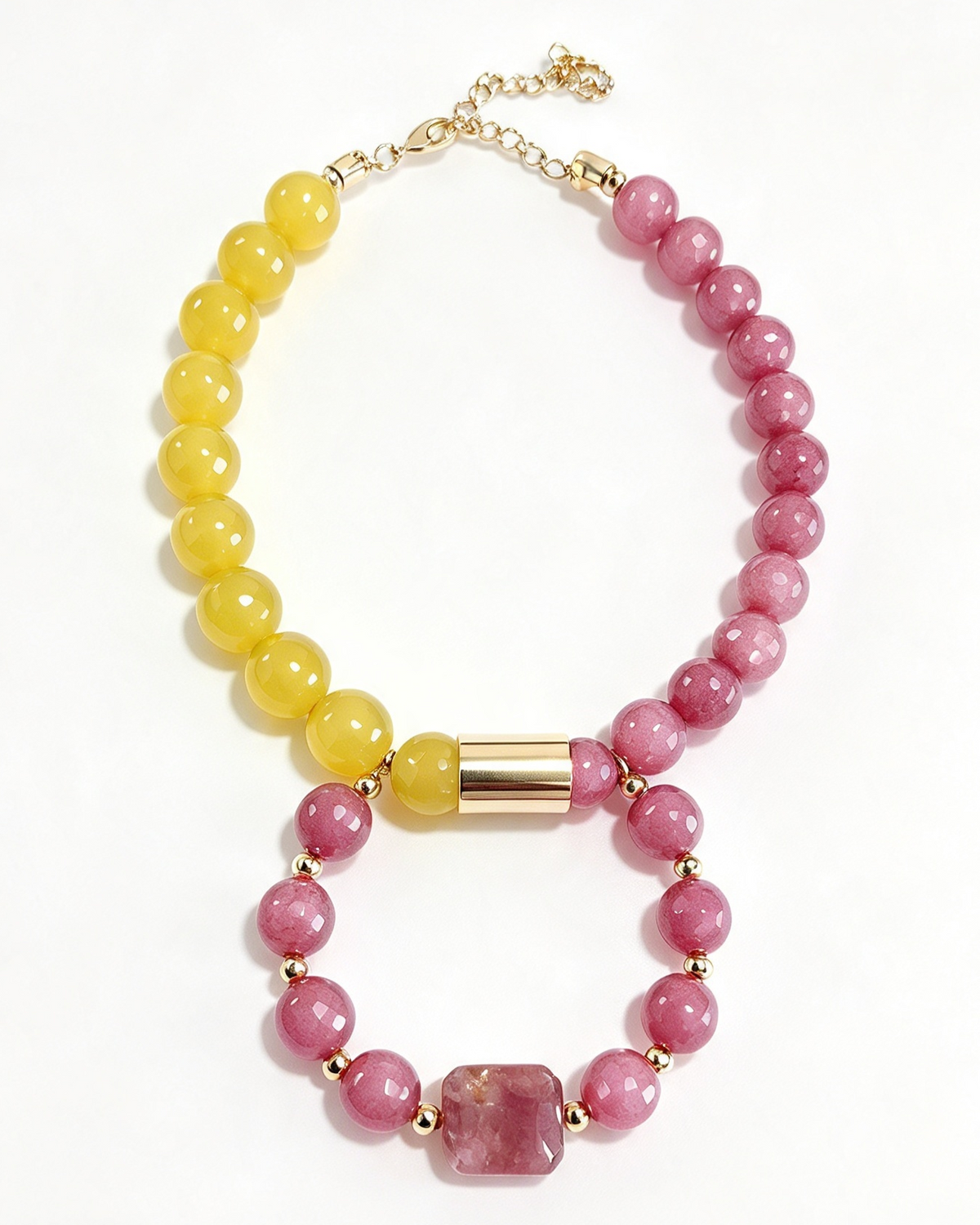 Colar acervo Paula aro pedras Jade Pink, Jade Limão  e metais banhados em ouro 2