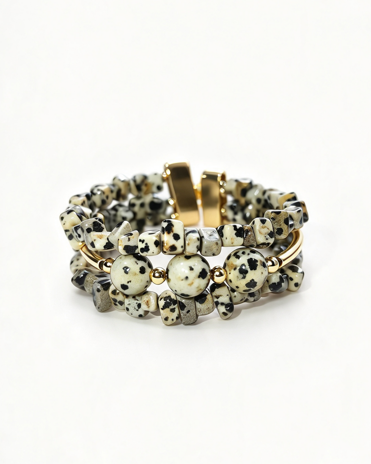 Bracelete Maira esfera de Jaspe Dalmata, Hematitas e metais banhados em ouro 2