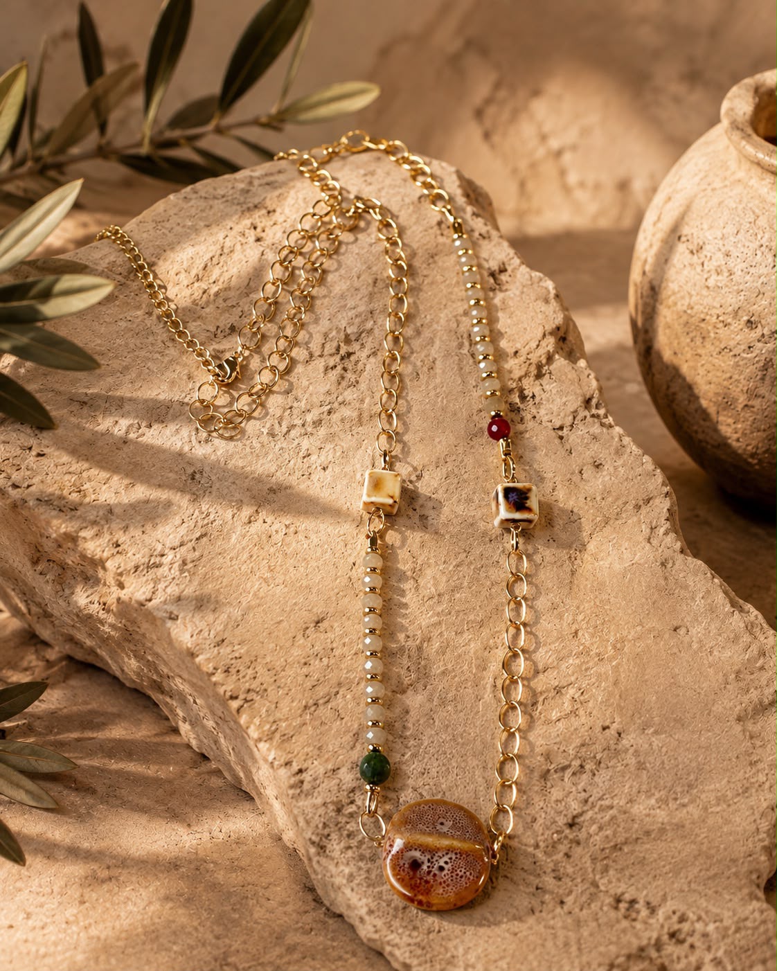Colar Malta longo cerâmicas, esfera Coral, cristais e metais banhados em ouro 2