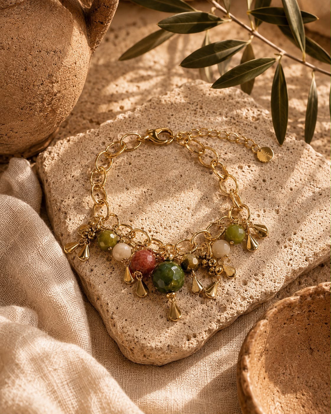 Pulseira  Cíclades pendulicarios esfera de Coral, cristal, Ágata e metais banhados em ouro 2