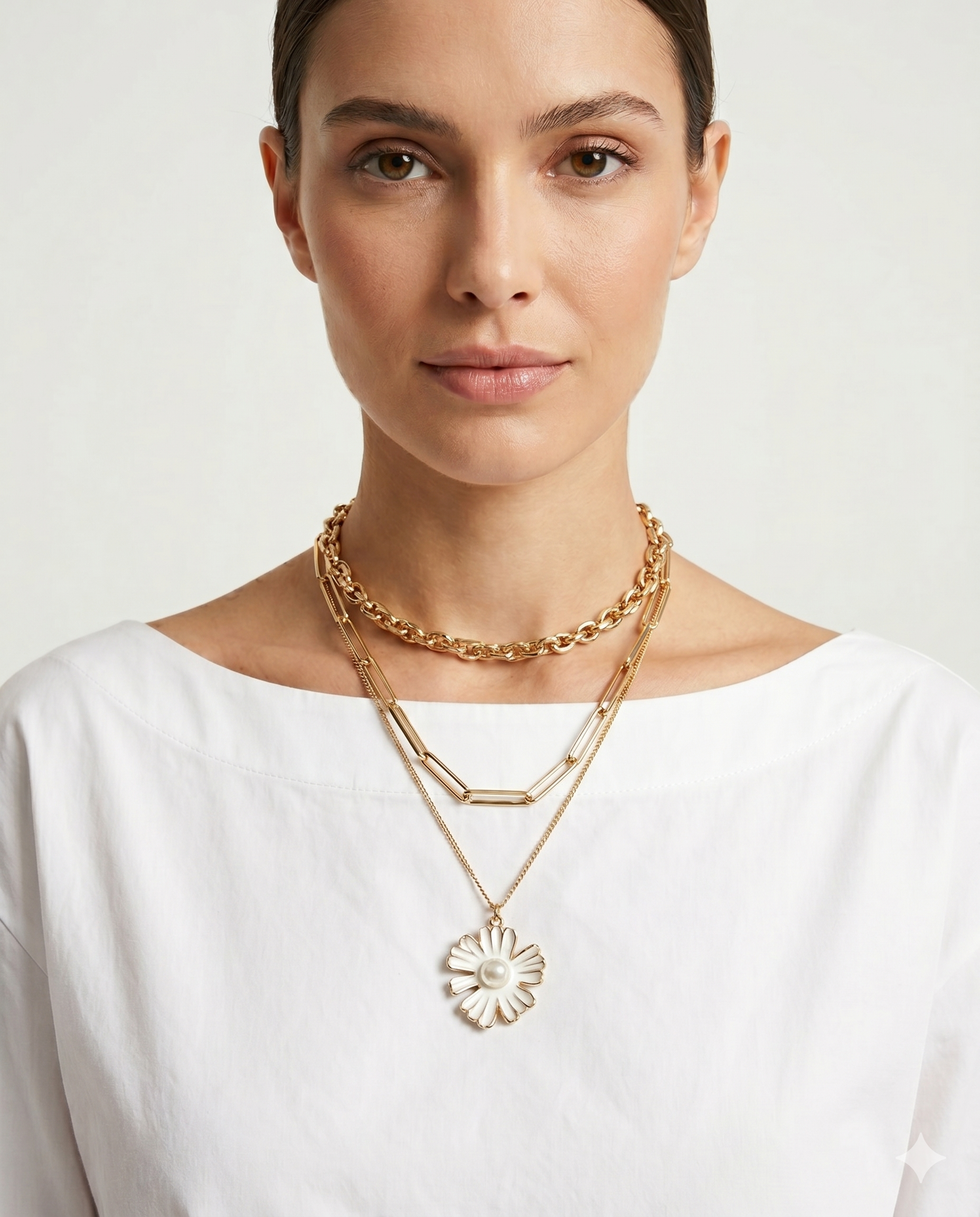Colar Yara 3 camadas Flor com pérola e metais banhados em ouro 1