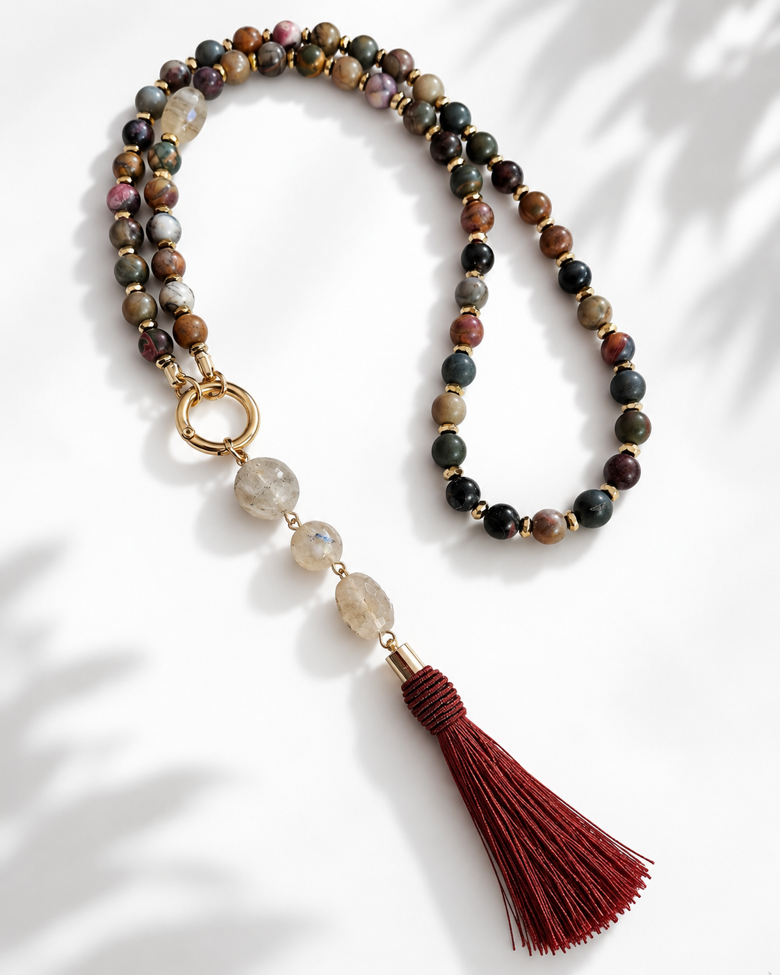 Colar acervo Paula Tassel cobre, pedras Jaspe Picasso, Rutilo dourado  e metais banhados em ouro 2