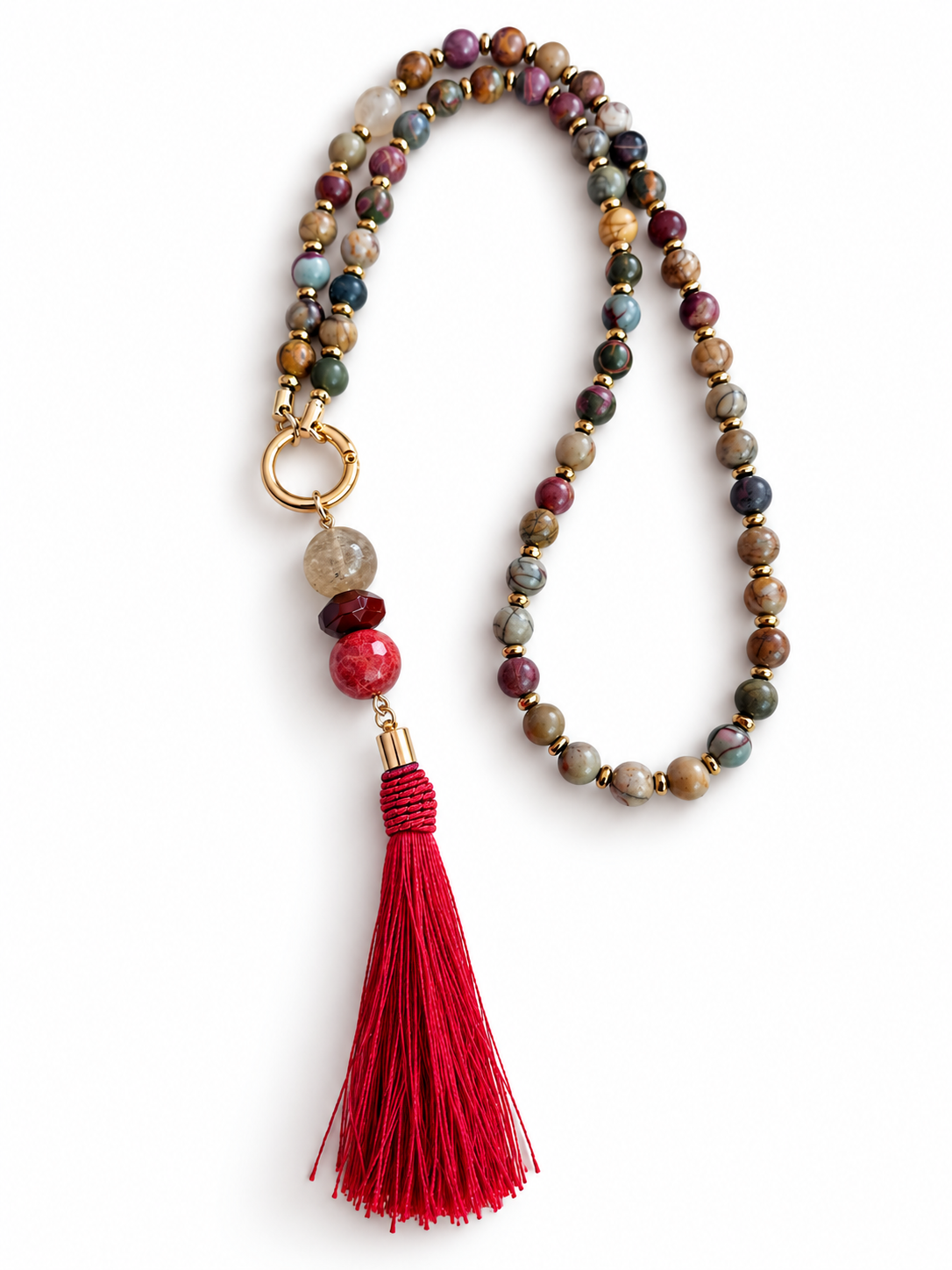 Colar acervo Paula Tassel Vermelho, esferas Jaspe Picasso, Ágata, Rutilo e metais banhados em ouro 2